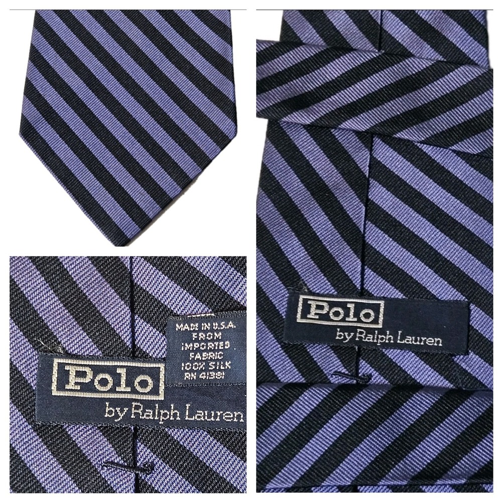 Vintage Polo Ralph Lauren Silk Tie Men Silk Hand Made USA Black Purple‎ Striped